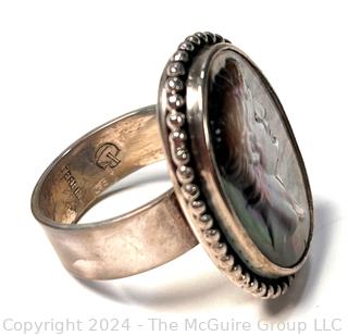 Abalone Cameo Ring Set in Sterling Mount with Makers Mark CR.  