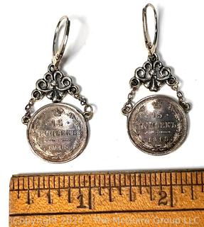 Pair of Sterling Earrings Made of Pre Russian Revolution Coins Dated 1915 