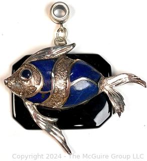 Sterling Silver with Inlaid Lapis Mounted on Onyx Base Fish Pendant.