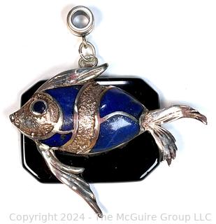 Sterling Silver with Inlaid Lapis Mounted on Onyx Base Fish Pendant.