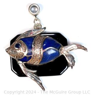 Sterling Silver with Inlaid Lapis Mounted on Onyx Base Fish Pendant.