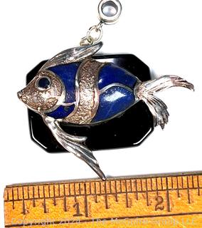 Sterling Silver with Inlaid Lapis Mounted on Onyx Base Fish Pendant.