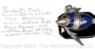 Sterling Silver with Inlaid Lapis Mounted on Onyx Base Fish Pendant.