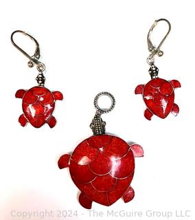 Sterling Silver with Inlaid Sponge Coral Turtle Earrings and Matching Pendant