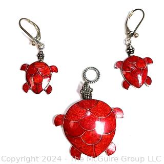 Sterling Silver with Inlaid Sponge Coral Turtle Earrings and Matching Pendant