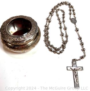 Sterling Silver Bead Rosary with Round Silver Plated Case or Box