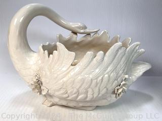 Large White Italian Porcelain Swan Bowl by A Z Nove