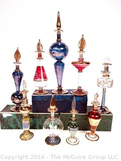 Nine (9) Egyptian Hand Blown Glass Perfume Bottles with Boxes