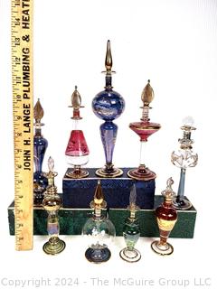 Nine (9) Egyptian Hand Blown Glass Perfume Bottles with Boxes