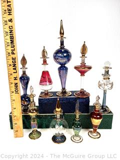 Nine (9) Egyptian Hand Blown Glass Perfume Bottles with Boxes