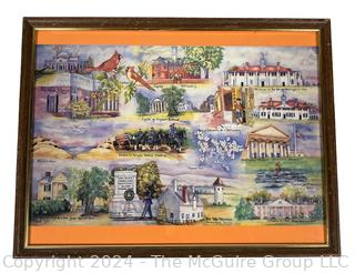 Framed Under Glass Watercolor Reproduction of Virginia Landmarks by Artist Carole Byers. 13 x 17"