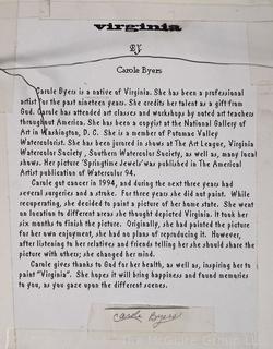 Framed Under Glass Watercolor Reproduction of Virginia Landmarks by Artist Carole Byers. 13 x 17"
