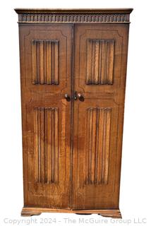 Solid Oak Paneled Two Door Linenfold Gents Wardrobe. 36 x 21 x 73”