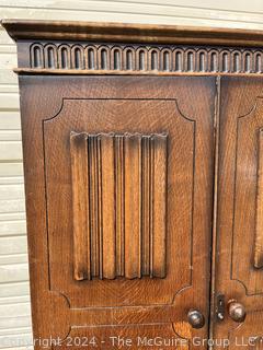 Solid Oak Paneled Two Door Linenfold Gents Wardrobe. 36 x 21 x 73”