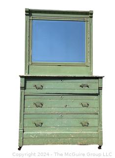 Green Painted Three Drawer Victorian Eastlake Cottage Dresser with Mirror 40 x 19 x 72”