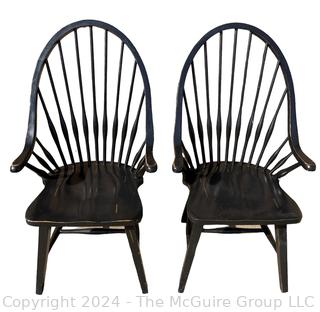 Pair of Black Painted Bow Back Continuous Arm Windsor Chairs. 18.5 x 18.5 x 43”