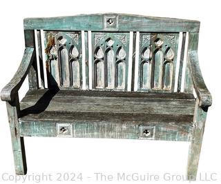 Ornate Madura Wooden Bench In Distressed Paint. 48 x 21 x 39.5”