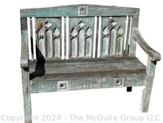 Ornate Madura Wooden Bench In Distressed Paint. 48 x 21 x 39.5”