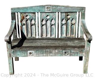 Ornate Madura Wooden Bench In Distressed Paint. 48 x 21 x 39.5”