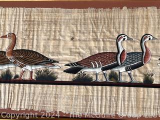 Large Framed Under Glass Egyptian Papyrus Framed Painting Of Geese.  19" x 62"