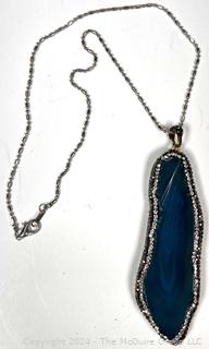 Blue Lace Agate Pendant with Crystal Encrusted Surround on Chain 