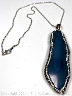 Blue Lace Agate Pendant with Crystal Encrusted Surround on Chain 