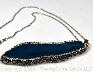 Blue Lace Agate Pendant with Crystal Encrusted Surround on Chain 