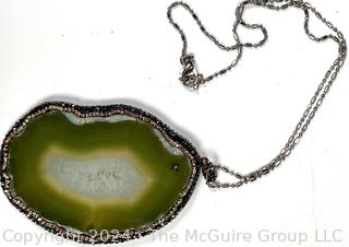 Green Druzy Agate Pendant with Crystal Encrusted Surround on Chain Necklace 