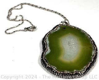 Green Druzy Agate Pendant with Crystal Encrusted Surround on Chain Necklace 