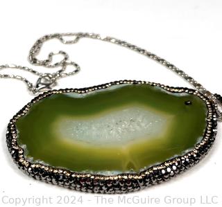 Green Druzy Agate Pendant with Crystal Encrusted Surround on Chain Necklace 