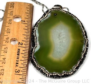 Green Druzy Agate Pendant with Crystal Encrusted Surround on Chain Necklace 