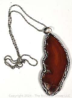 Burnt Orange Agate Pendant with Crystal Encrusted Surround on Chain Necklace