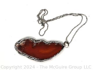 Burnt Orange Agate Pendant with Crystal Encrusted Surround on Chain Necklace