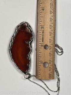 Burnt Orange Agate Pendant with Crystal Encrusted Surround on Chain Necklace