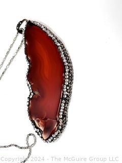 Burnt Orange Agate Pendant with Crystal Encrusted Surround on Chain Necklace