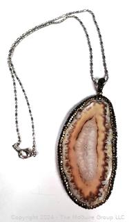 Chalcedony Druzy Agate Pendant with Encrust Crystal Necklace on Chain