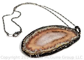 Chalcedony Druzy Agate Pendant with Encrust Crystal Necklace on Chain