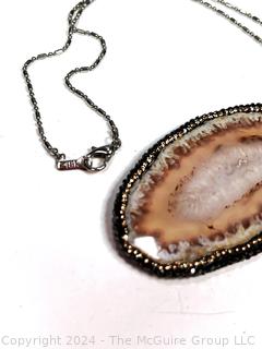 Chalcedony Druzy Agate Pendant with Encrust Crystal Necklace on Chain