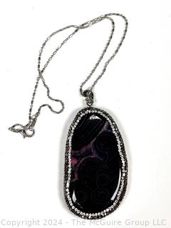 Lace Agate Pendant with Crystal Encrusted Surround on Chain Necklace