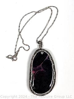 Lace Agate Pendant with Crystal Encrusted Surround on Chain Necklace