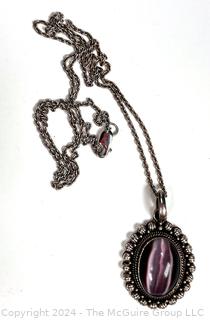 Purple Agate Cabochon Pendant in Sterling Silver Surround with Chain Necklace