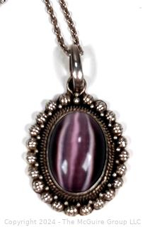 Purple Agate Cabochon Pendant in Sterling Silver Surround with Chain Necklace