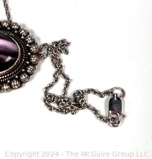 Purple Agate Cabochon Pendant in Sterling Silver Surround with Chain Necklace