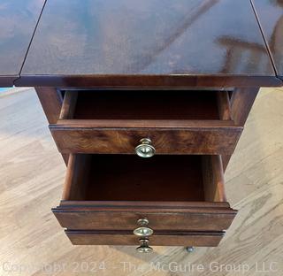 Sheraton Three Drawer Drop-Leaf Side or End Table on Casters.  31 x 25 x 26”