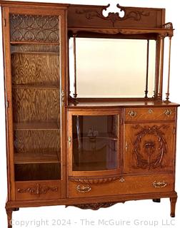 Victorian Oak Side by Side Bookcase & China Cabinet with Bow Front Glass.  18.5 x 32" x 58"