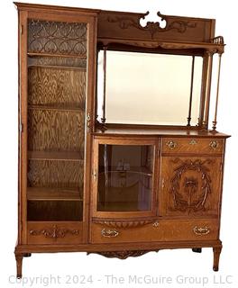 Victorian Oak Side by Side Bookcase & China Cabinet with Bow Front Glass.  18.5 x 32" x 58"