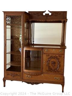 Victorian Oak Side by Side Bookcase & China Cabinet with Bow Front Glass.  18.5 x 32" x 58"