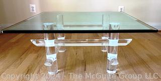 Lucite Acrylic with Glass Top Coffee Table Possibly by Ralph Gambaro (United States 1939-1990) For Les Prismatiques.   36” Square