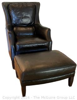 Arhaus Black Leather Wing Chair with Ottoman.  Some damage.