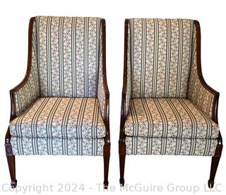 Pair of Upholstered Fireside Wing Back Chairs with Wood Trim by Hickory Chair Co.